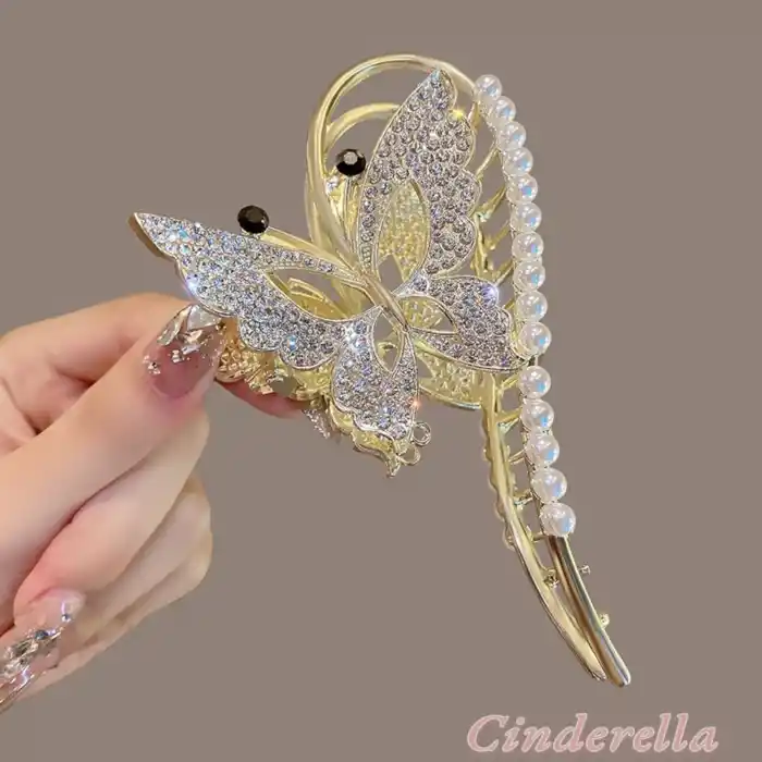 Yeni Model Siyah Göz Detaylı Kelebekli Kadın Metal Mandal Toka Gold - Kristal Taşlı Topuz Saç Tokası