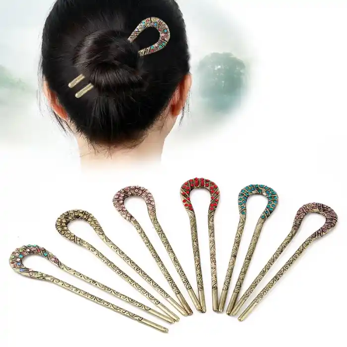 Kırmızı Taşlı İşlemeli Vintage Gold Metal Topuz Tokası 12.5cm - Kadın Saç Topuz Tokası Çubuk Toka