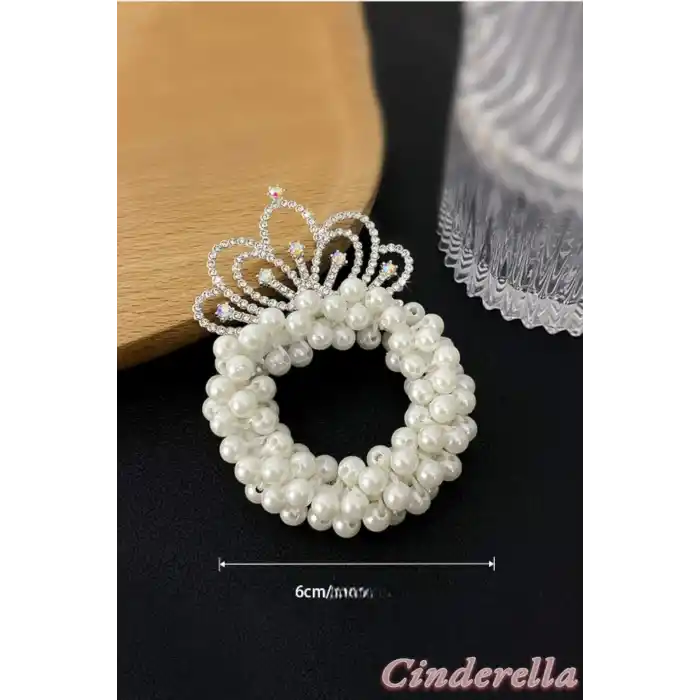 Yeni Trend Prenses Taç İncili Lastikli Elastik Topuz Tokası - Kız Çocuk Zarif Şık Doğum Günü Tokası