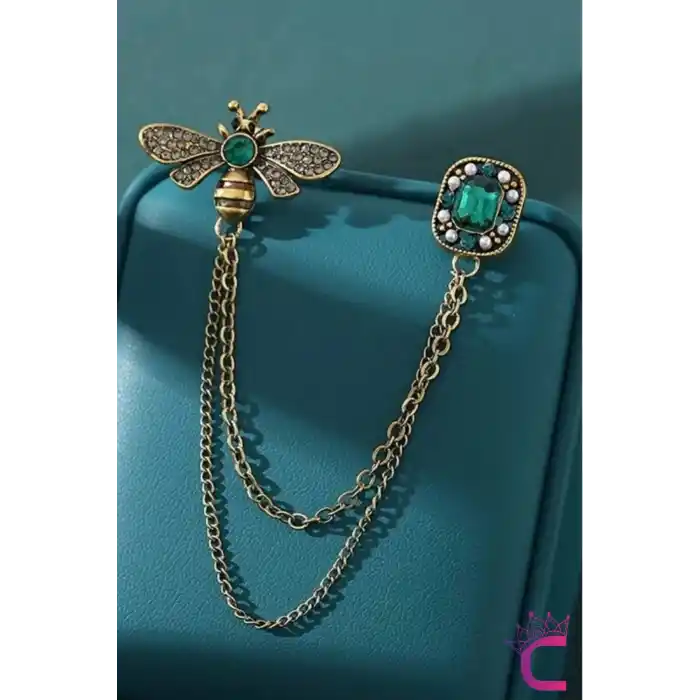 Yeşil Zümrüt Kristal Taşlı Zincirli Arı Tasarım Broş - Hediyelik Elbise Ceket Yaka İğnesi Broş