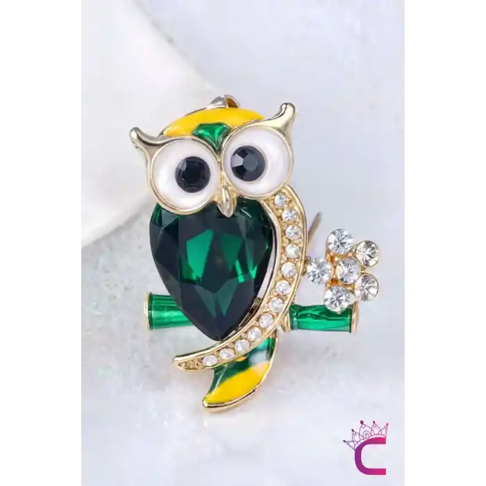 Yeşil Zümrüt Taşlı Kristal Çiçekli Tasarım C Baykuş Broş - Çanta Elbise Ceket Yaka İğnesi Broş