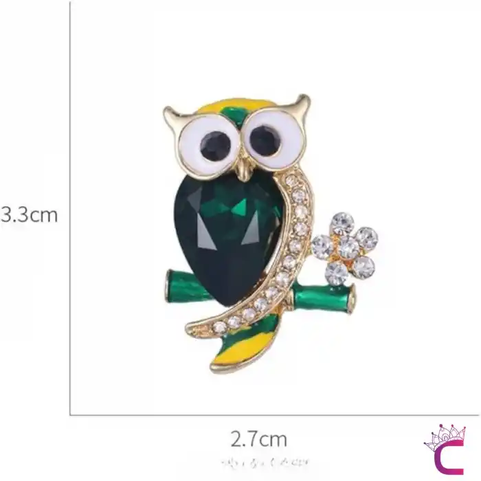 Yeşil Zümrüt Taşlı Kristal Çiçekli Tasarım C Baykuş Broş - Çanta Elbise Ceket Yaka İğnesi Broş