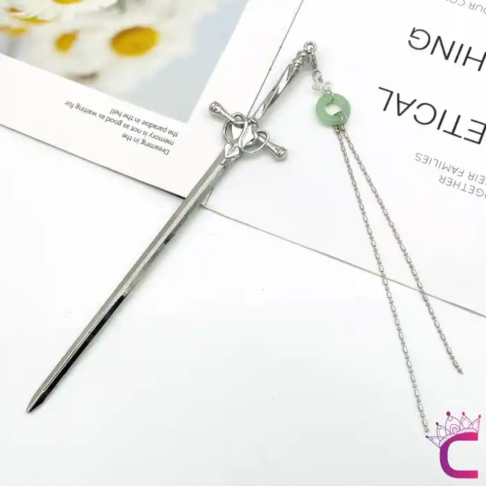 Yeşim Taşlı Kolye Uçlu Kılıç Tasarım Metal Saç Topuz Tokası 20cm - Şık Gotik Boho Çubuk Topuz Tokası