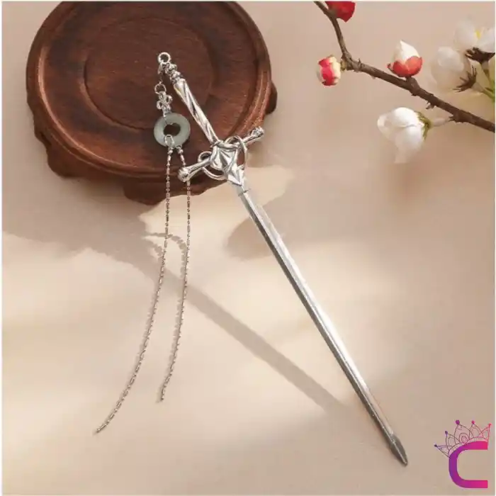 Yeşim Taşlı Kolye Uçlu Kılıç Tasarım Metal Saç Topuz Tokası 20cm - Şık Gotik Boho Çubuk Topuz Tokası