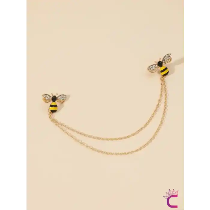 Zarif Arı Tasarım Gömlek Yaka Zinciri Broş - Hediyelik Zirkon Taşlı Gold Zincirli Ceket Yaka İğnesi