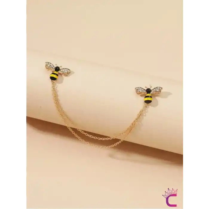 Zarif Arı Tasarım Gömlek Yaka Zinciri Broş - Hediyelik Zirkon Taşlı Gold Zincirli Ceket Yaka İğnesi