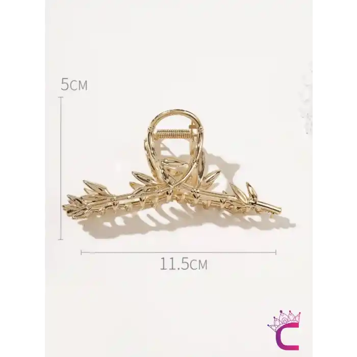 Zarif Bambu Yaprak Tasarım Gold Metal Kadın Mandal Toka 11.5cm - Büyük Boy Mandallı Saç Topuz Tokası