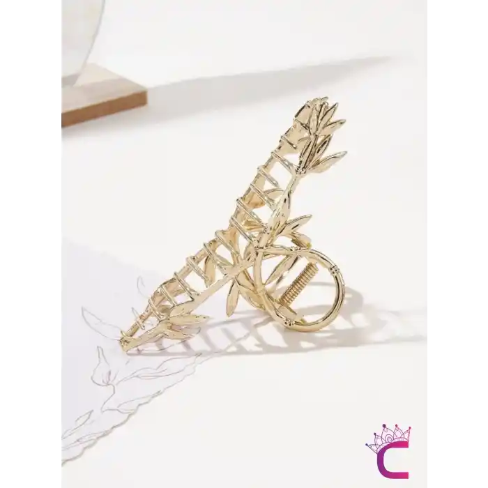 Zarif Bambu Yaprak Tasarım Gold Metal Kadın Mandal Toka 11.5cm - Büyük Boy Mandallı Saç Topuz Tokası