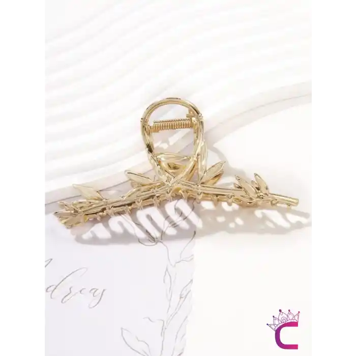 Zarif Bambu Yaprak Tasarım Gold Metal Kadın Mandal Toka 11.5cm - Büyük Boy Mandallı Saç Topuz Tokası