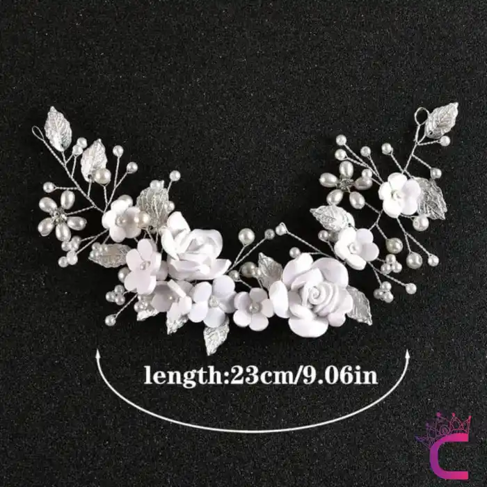 Zarif Beyaz Çiçekli İncili Gelin Tacı Gümüş - Helen Saç Bandı Topuz Tokası Düğün Nişan Aksesuarı