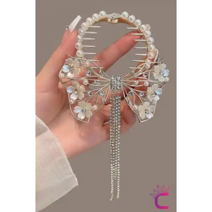 Zarif Beyaz Sedef Çiçekli Kelebek Tasarım Zirkon Taşlı Sallantılı Yaylı Topuz Saç Tokası Gold Metal