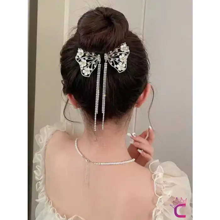 Zarif Beyaz Sedef Çiçekli Kelebek Tasarım Zirkon Taşlı Sallantılı Yaylı Topuz Saç Tokası Gold Metal