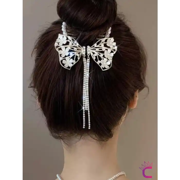 Zarif Beyaz Sedef Çiçekli Kelebek Tasarım Zirkon Taşlı Sallantılı Yaylı Topuz Saç Tokası Gold Metal