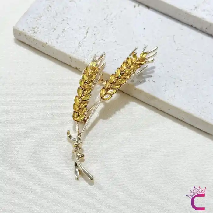 Zarif Buğday Başağı Tasarım Taşlı Kadın Broş Gold - Hediyelik Elbise Ceket Yaka İğnesi Rozet