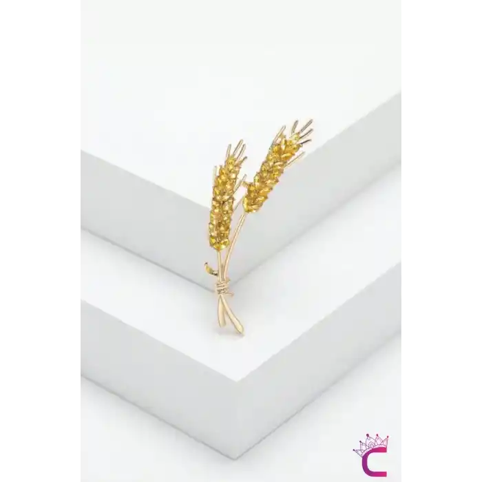Zarif Buğday Başağı Tasarım Taşlı Kadın Broş Gold - Hediyelik Elbise Ceket Yaka İğnesi Rozet