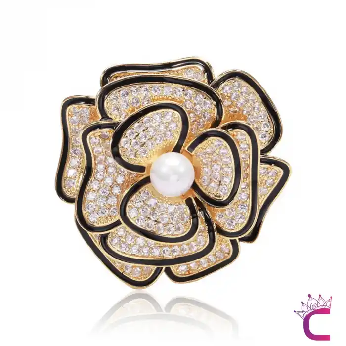 Zarif Büyük İncili Yapraklı Çiçekli RhineStone Taşlı Kadın Broş - Hediyelik Elbise Ceket Yaka İğnesi