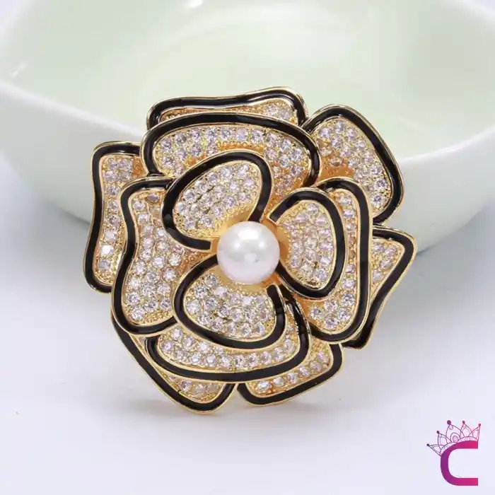 Zarif Büyük İncili Yapraklı Çiçekli RhineStone Taşlı Kadın Broş - Hediyelik Elbise Ceket Yaka İğnesi