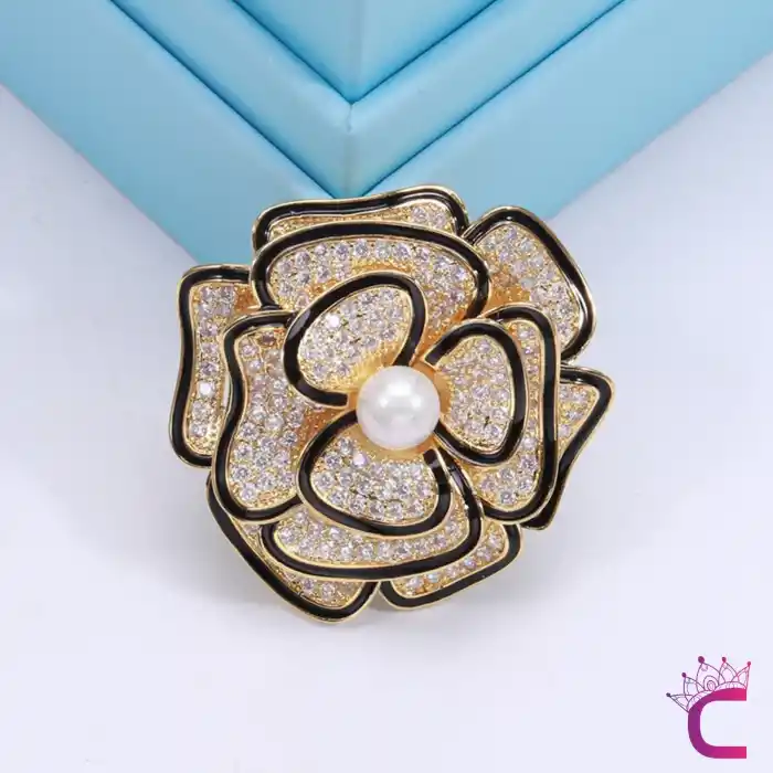 Zarif Büyük İncili Yapraklı Çiçekli RhineStone Taşlı Kadın Broş - Hediyelik Elbise Ceket Yaka İğnesi