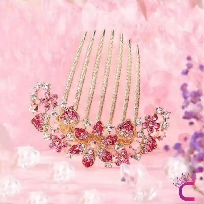 Zarif Çiçekli Kalpli Kristal Taşlı Geniş Taraklı Saç Topuz Tokası Pembe Hediyelik Kadın Aksesuar