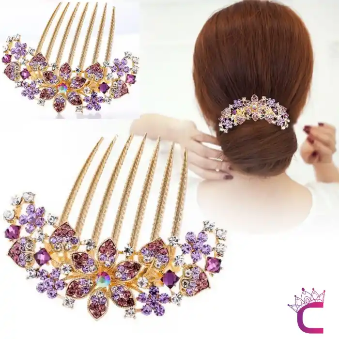 Zarif Çiçekli Kalpli Kristal Taşlı Geniş Taraklı Saç Topuz Tokası Pembe Hediyelik Kadın Aksesuar