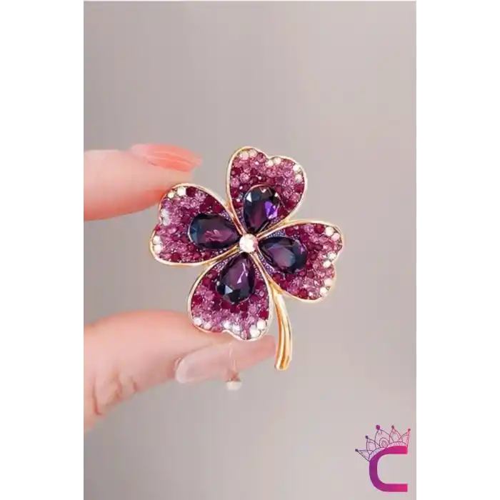 Zarif Çiçekli Kristal Taşlı Mor Yonca Tasarım Kadın Broş - Hediyelik Elbise Ceket Yaka İğnesi Broşu