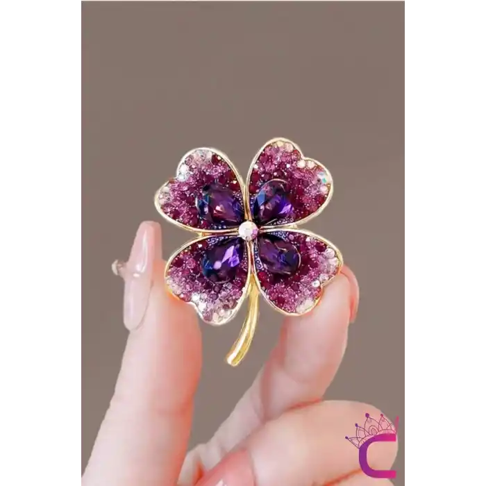 Zarif Çiçekli Kristal Taşlı Mor Yonca Tasarım Kadın Broş - Hediyelik Elbise Ceket Yaka İğnesi Broşu