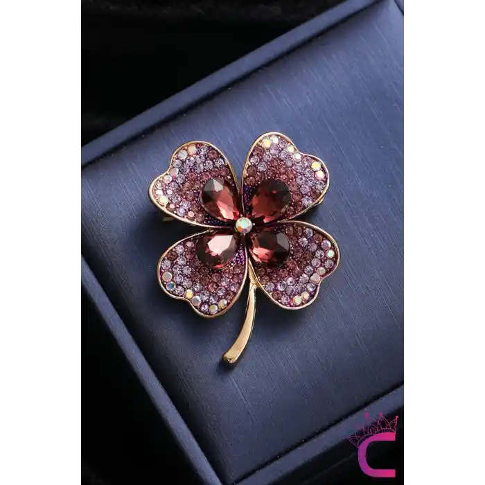 Zarif Çiçekli Kristal Taşlı Mor Yonca Tasarım Kadın Broş - Hediyelik Elbise Ceket Yaka İğnesi Broşu