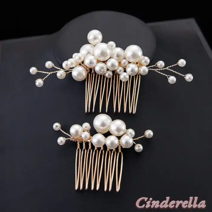 Zarif İnci Detaylı İncili Taşlı Gelin Tacı Firkete Seti Gold - Düğün Nişan Nikah Söz Saç Aksesuarı