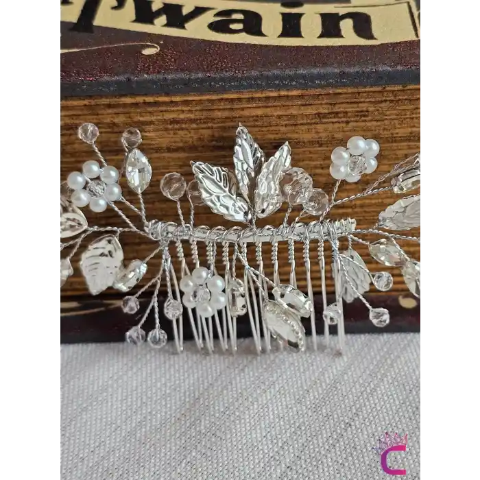 Zarif İncili Çiçekli Taşlı Gümüş Yapraklı Gelin Tacı Taraklı Toka - Düğün Nişan Nikah Saç Aksesuarı