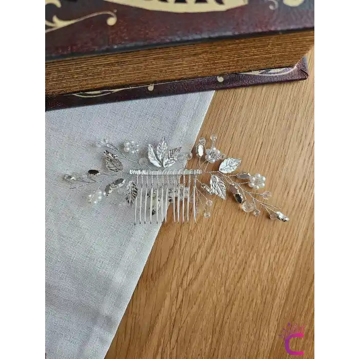 Zarif İncili Çiçekli Taşlı Gümüş Yapraklı Gelin Tacı Taraklı Toka - Düğün Nişan Nikah Saç Aksesuarı