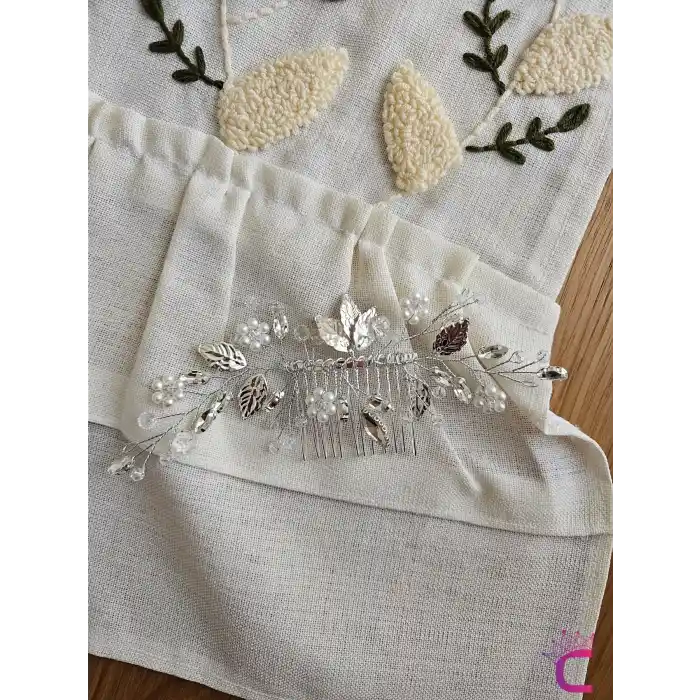 Zarif İncili Çiçekli Taşlı Gümüş Yapraklı Gelin Tacı Taraklı Toka - Düğün Nişan Nikah Saç Aksesuarı