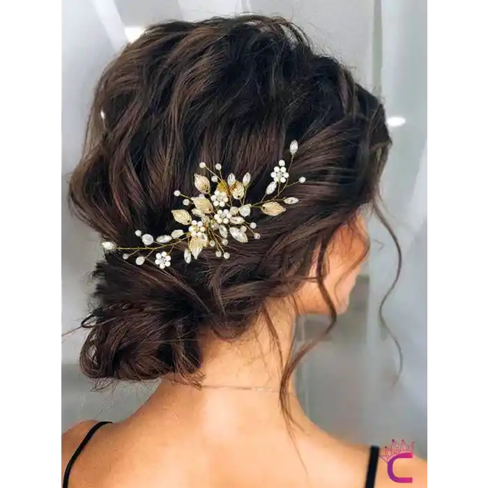 Zarif İncili Kristal Taşlı Gold Yapraklı Gelin Tacı Tokası Taraklı - Düğün Nişan Nikah Saç Aksesuarı