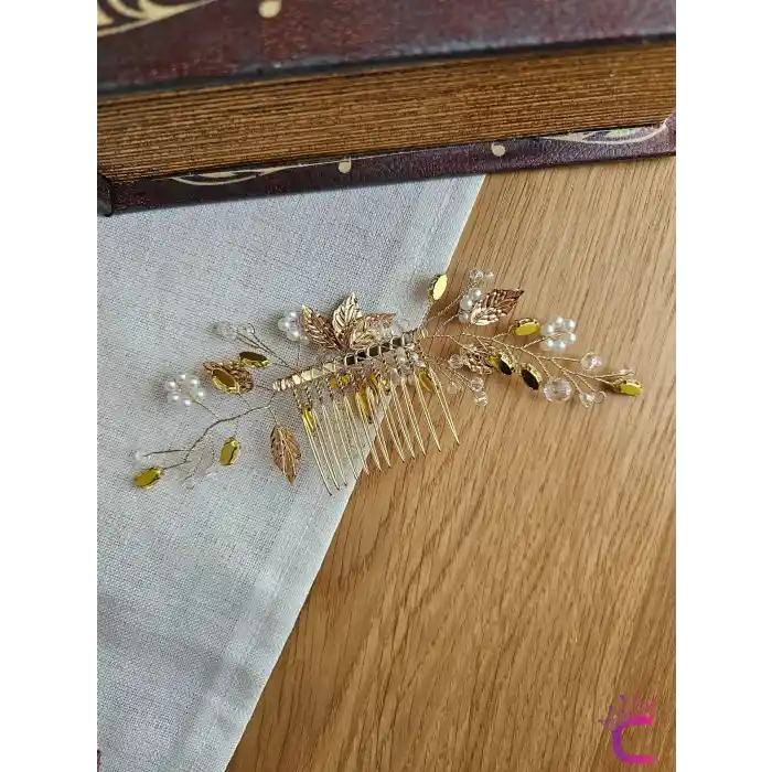 Zarif İncili Kristal Taşlı Gold Yapraklı Gelin Tacı Tokası Taraklı - Düğün Nişan Nikah Saç Aksesuarı