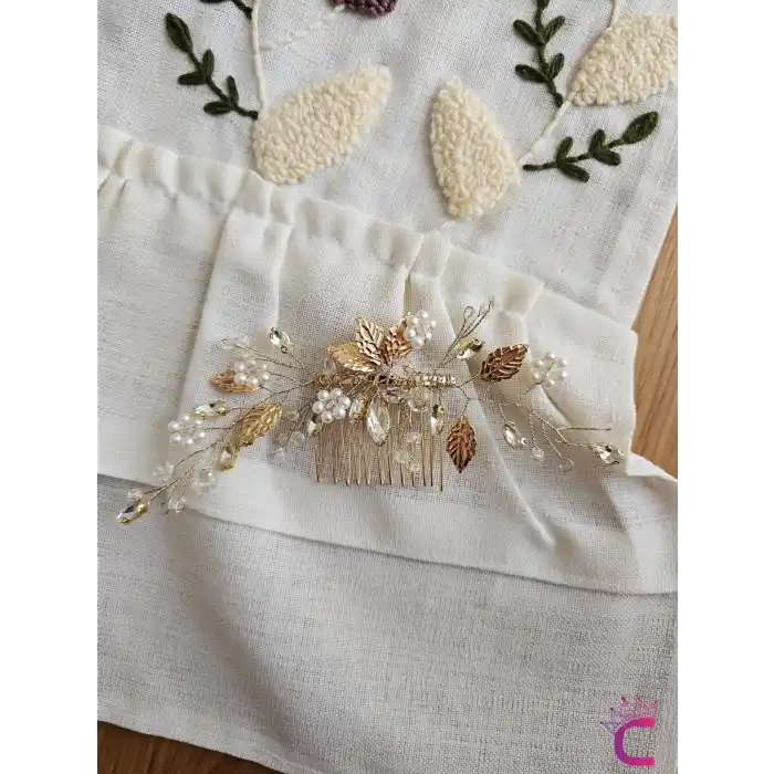 Zarif İncili Kristal Taşlı Gold Yapraklı Gelin Tacı Tokası Taraklı - Düğün Nişan Nikah Saç Aksesuarı