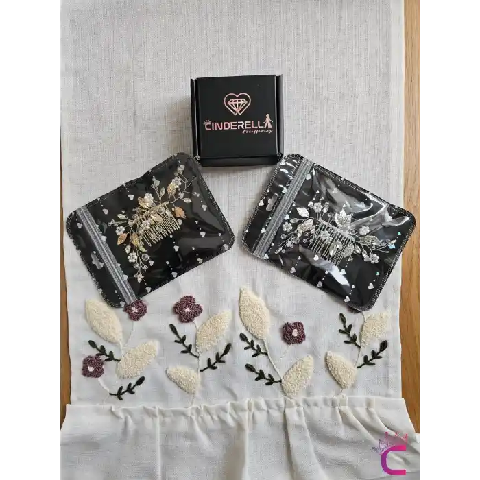 Zarif İncili Kristal Taşlı Gold Yapraklı Gelin Tacı Tokası Taraklı - Düğün Nişan Nikah Saç Aksesuarı