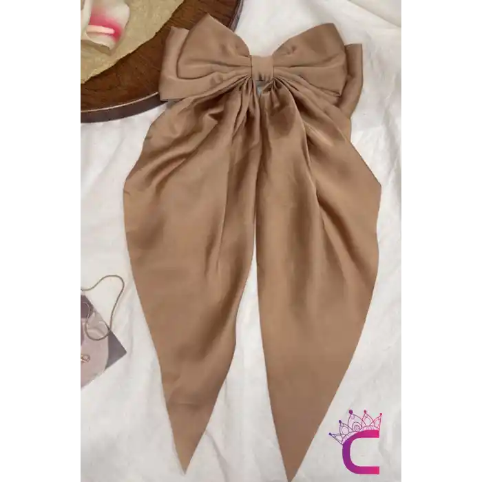 Zarif Kadın Büyük Otomatik Saten Fiyonk Toka Bej Renkli - Kurdeleli Fiyonklu Klipsli Saç Tokası