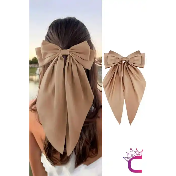 Zarif Kadın Büyük Otomatik Saten Fiyonk Toka Bej Renkli - Kurdeleli Fiyonklu Klipsli Saç Tokası