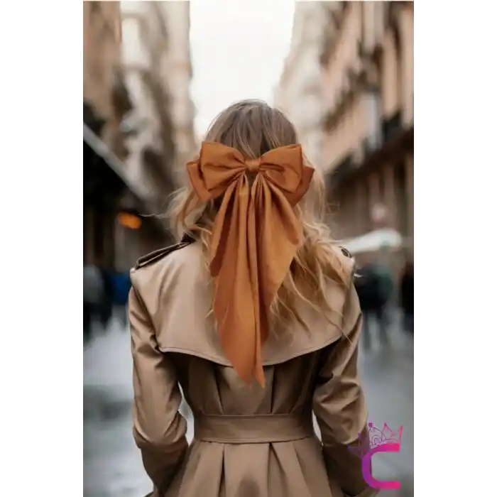 Zarif Kadın Büyük Otomatik Saten Fiyonk Toka Bej Renkli - Kurdeleli Fiyonklu Klipsli Saç Tokası