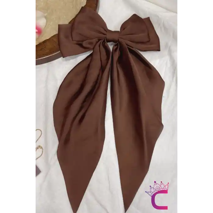 Zarif Kadın Büyük Otomatik Saten Fiyonk Toka Kahverengi - Kurdeleli Fiyonklu Klipsli Saç Tokası