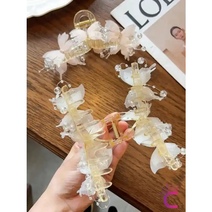 Zarif Kadın Pembe Tül Kelebek Mandal Toka 13cm Büyük Boy - Boncuklu Taşlı Kelebekli Saç Topuz Tokası