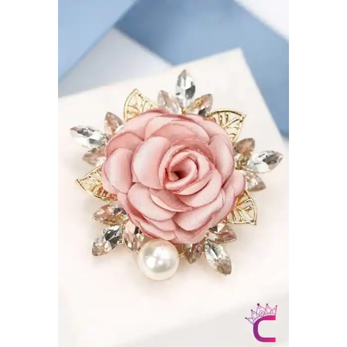 Zarif Kristal Taşlı İncili Kumaş Çiçekli Kadın Gül Broş - Hediyelik Düğün Aksesuar Yaka İğnesi