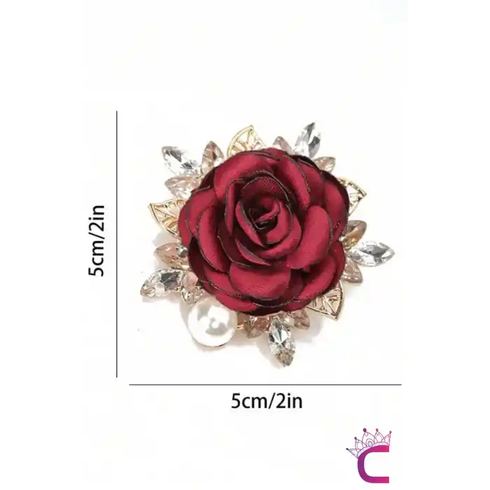 Zarif Kristal Taşlı İncili Kumaş Çiçekli Kadın Gül Broş - Hediyelik Düğün Aksesuar Yaka İğnesi