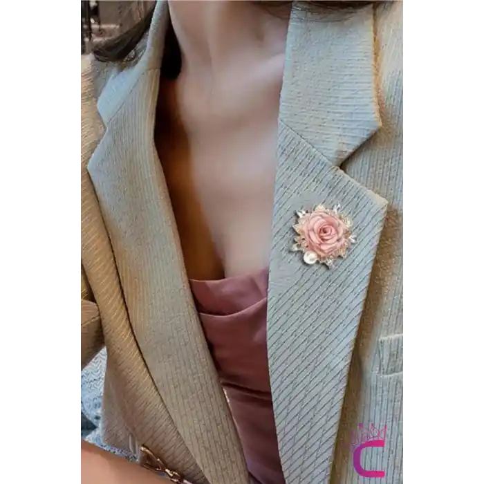 Zarif Kristal Taşlı İncili Kumaş Çiçekli Kadın Gül Broş - Hediyelik Düğün Aksesuar Yaka İğnesi