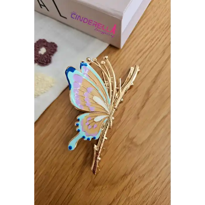 Zarif Mineli Kelebek Metal Kadın Mandal Toka 11cm - Kelebekli Mandallı Saç Topuz Tokası Hediyelik