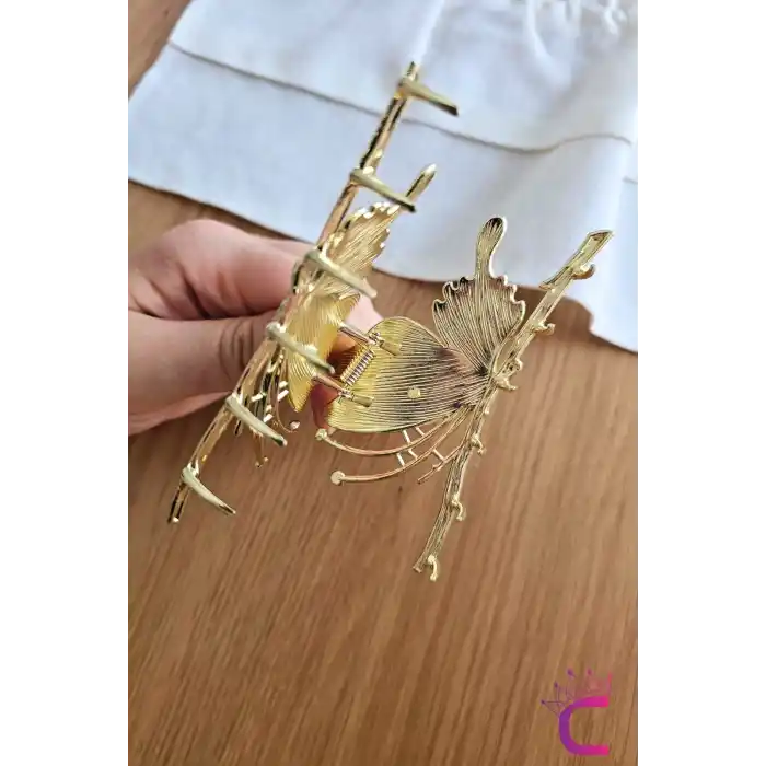 Zarif Mineli Kelebek Metal Kadın Mandal Toka 11cm - Kelebekli Mandallı Saç Topuz Tokası Hediyelik