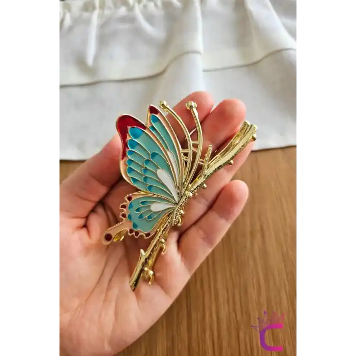 Zarif Mineli Kelebek Metal Kadın Mandal Toka 11cm - Kelebekli Mandallı Saç Topuz Tokası Hediyelik
