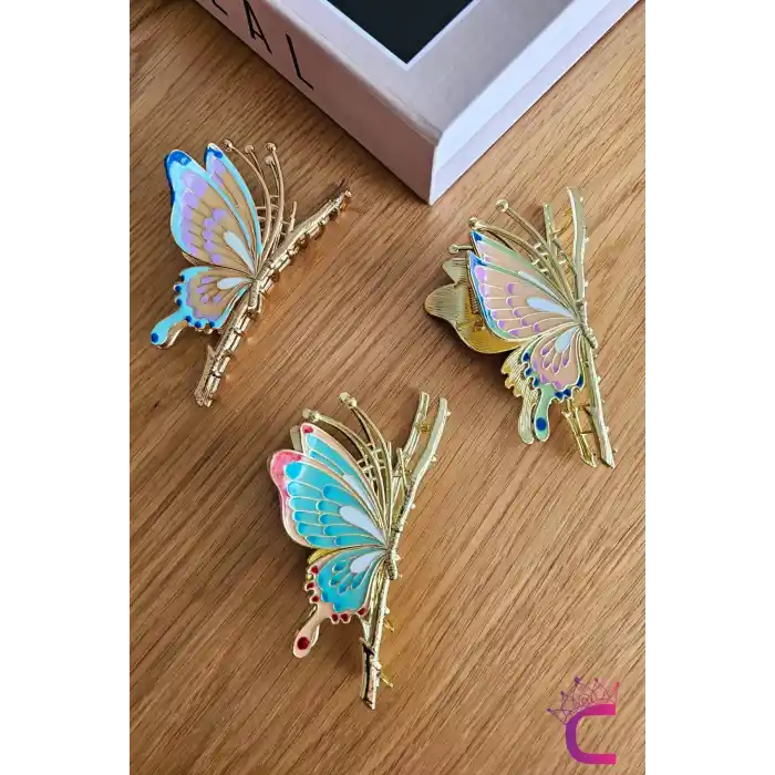 Zarif Mineli Kelebek Metal Kadın Mandal Toka 11cm - Kelebekli Mandallı Saç Topuz Tokası Hediyelik