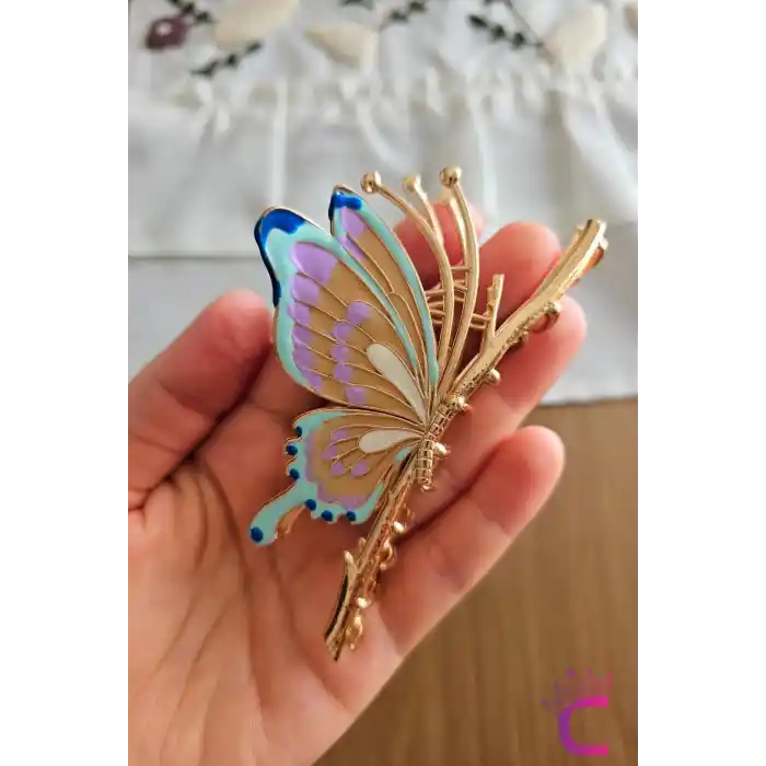 Zarif Mineli Kelebek Metal Kadın Mandal Toka 11cm - Kelebekli Mandallı Saç Topuz Tokası Hediyelik