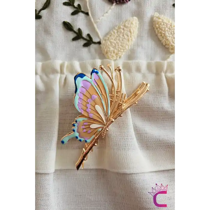 Zarif Mineli Kelebek Metal Kadın Mandal Toka 11cm - Kelebekli Mandallı Saç Topuz Tokası Hediyelik