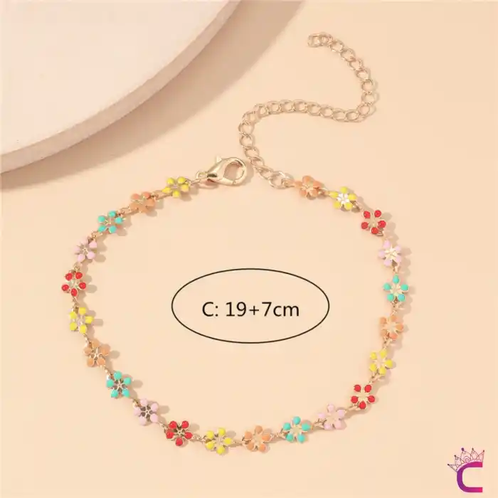 Zarif Mini Çiçek Dekor Renkli Kadın Halhal - Yaz Deniz Kombini Ayarlanabilir Bijuteri Halhal